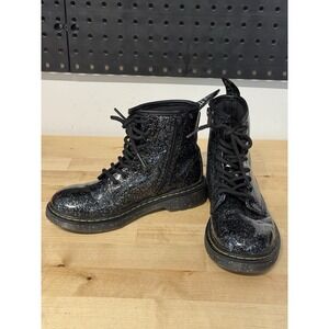 Dr Martens Doc 1460J Boots Youth 1 Black Glitter‎ Leather Airwair Zip Lace Up